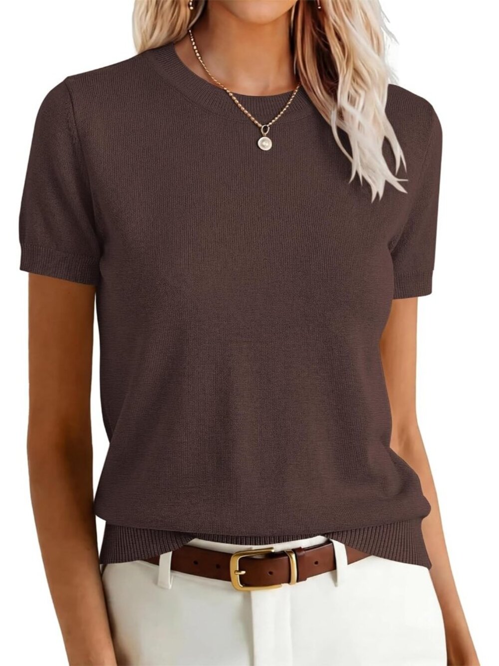 Women's Deep Brown Wool Blend Crew Neck Short Sleeve Casual Pull On Sweater